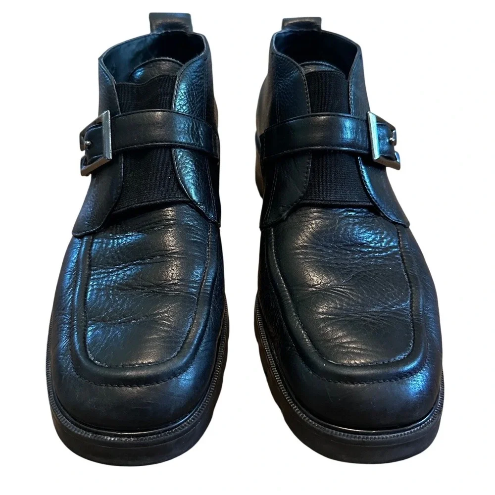 Etienne Aigner Black Leather Monk‎ Strap Lug Sole Loafer Boots Men's 8.5